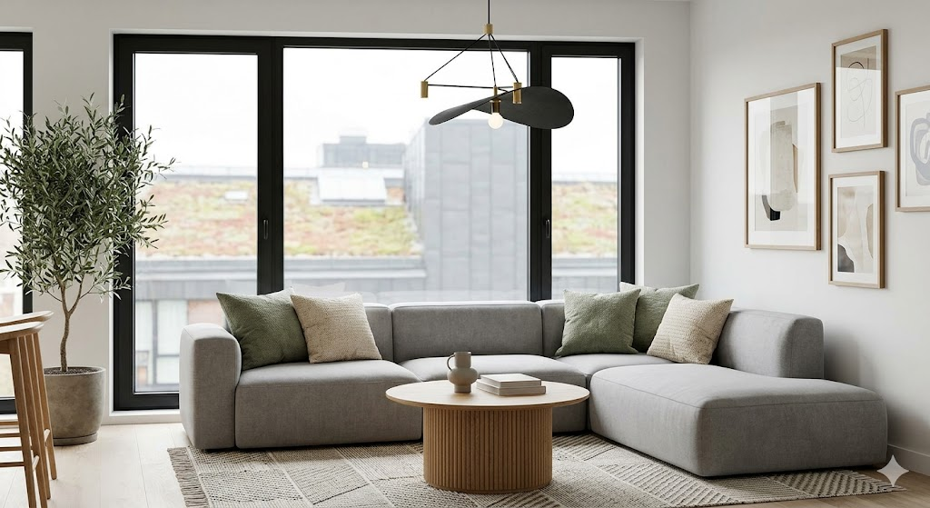 Modern living room with soft neutral palette and sculpted furnishings